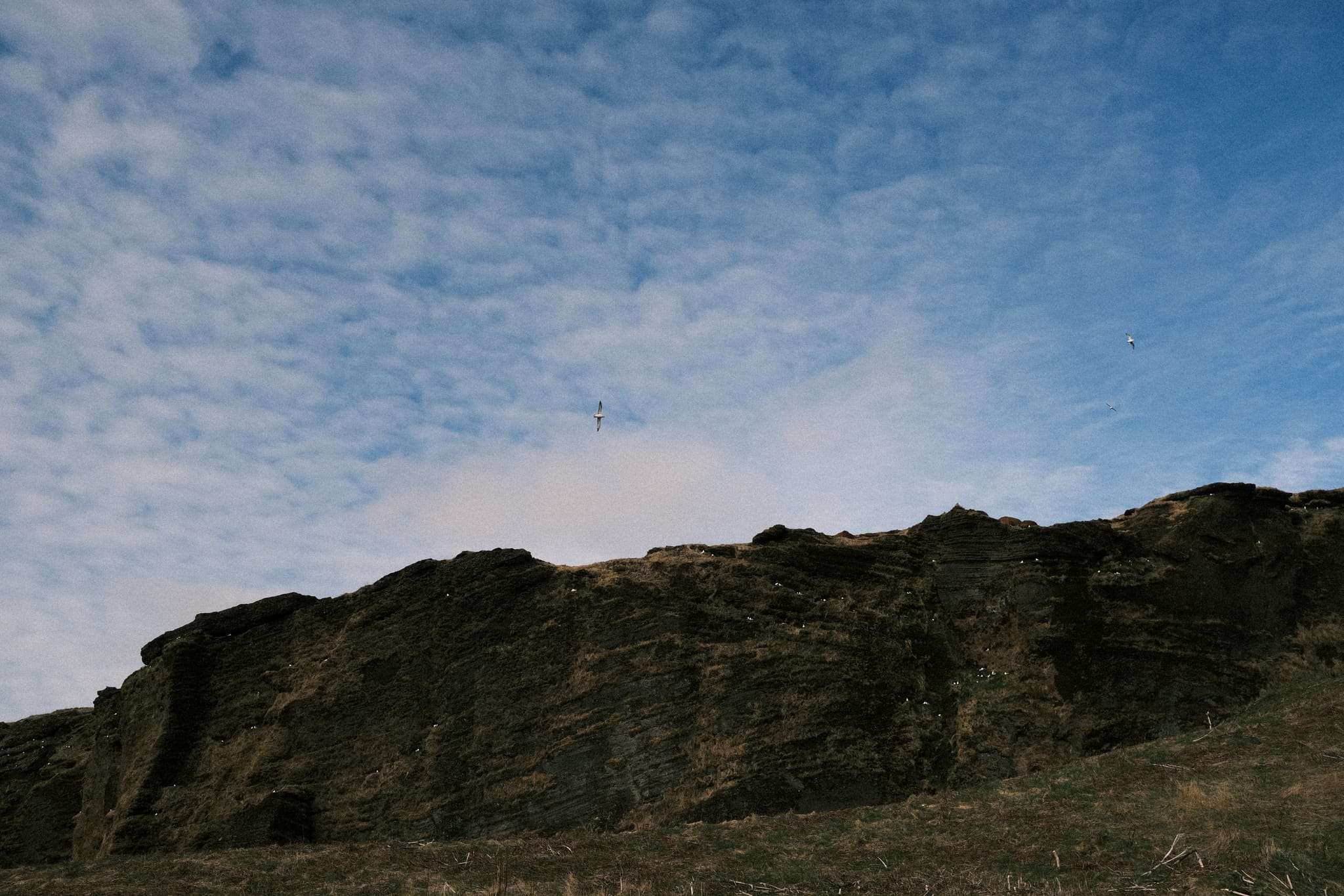 Cliff and Sky — Sea cliffs rise into a streaked blue sky.