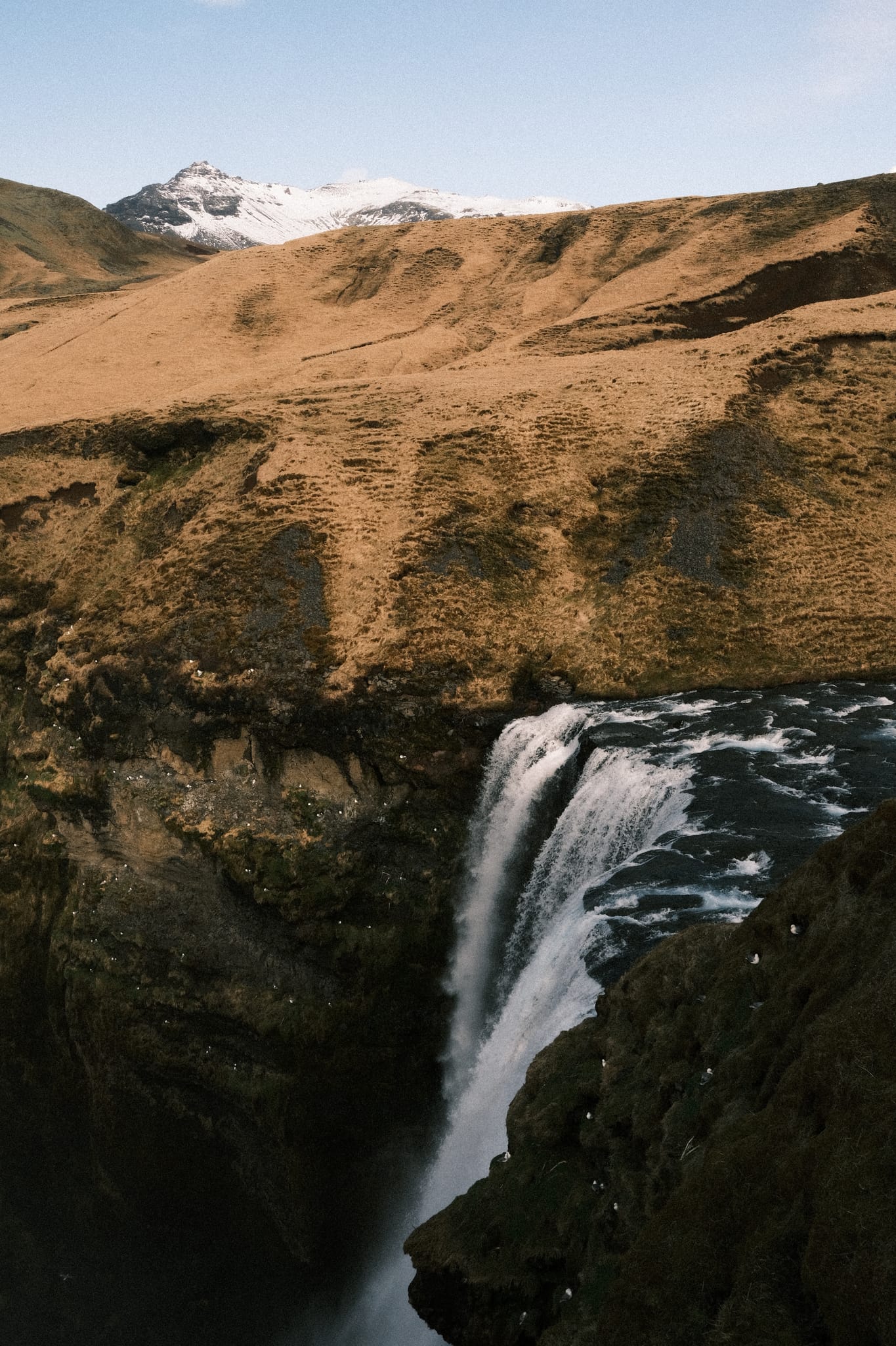 Falling Water — A thin falls drops from a sunlit cliff.